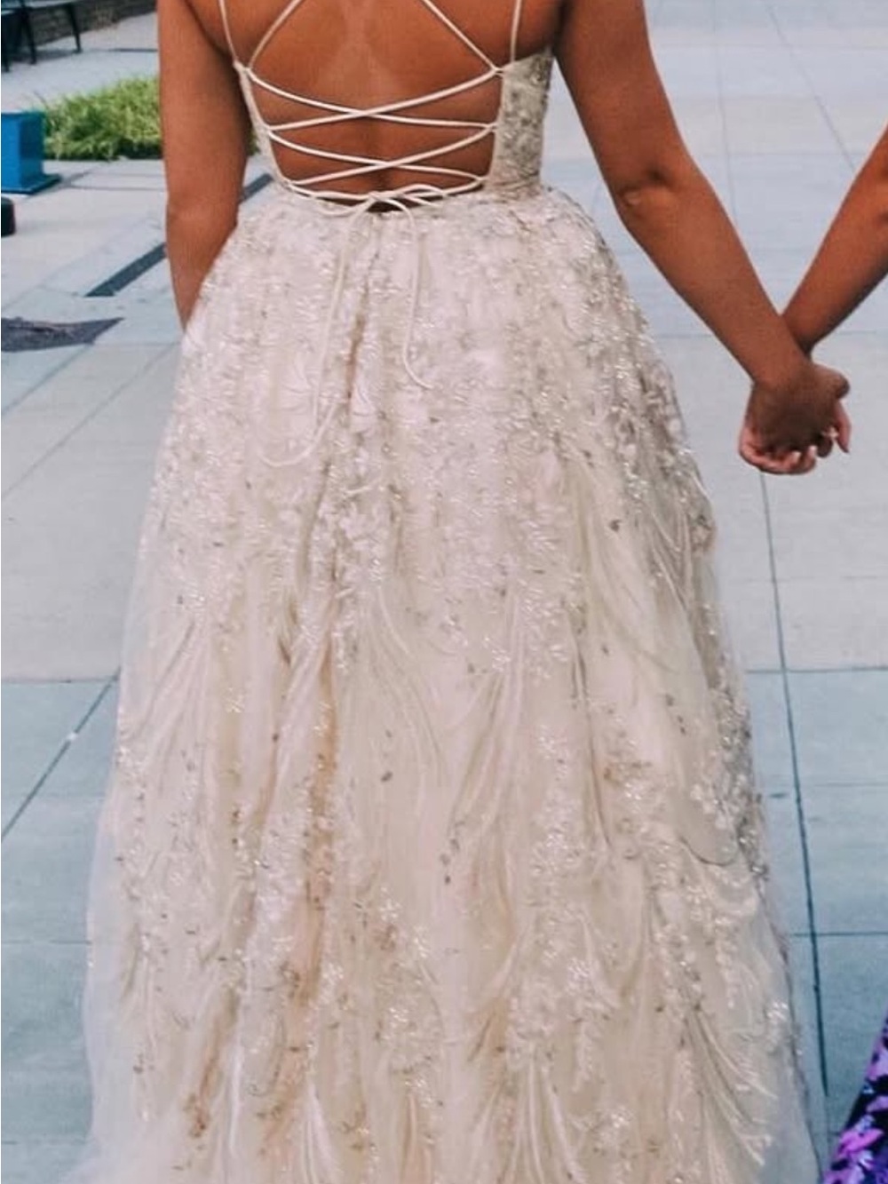 Sherri Hill Gold Elegant Ivory Lace-Up Back Evening Gown